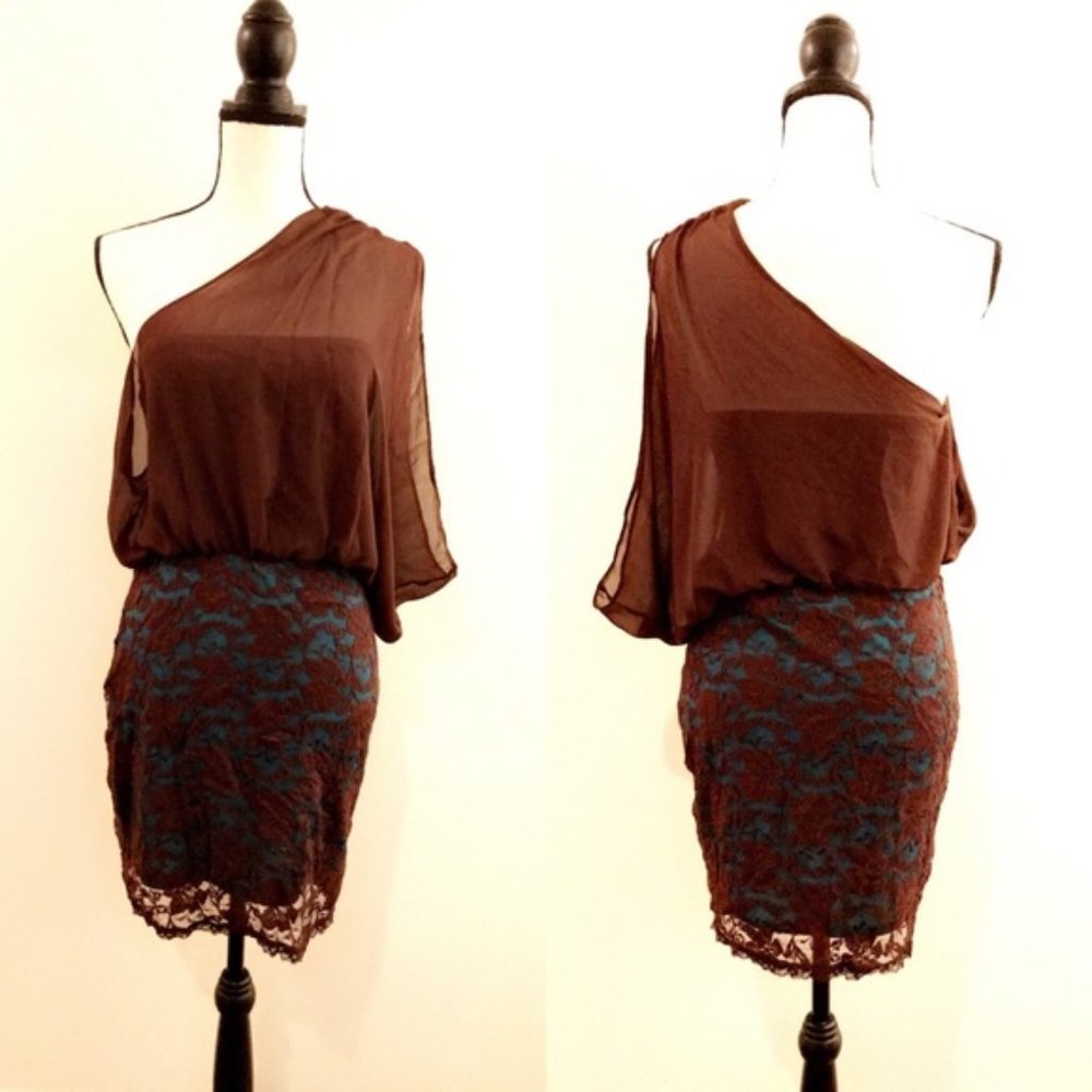 Brand new Chocolate & Turquoise One Shoulder Dress